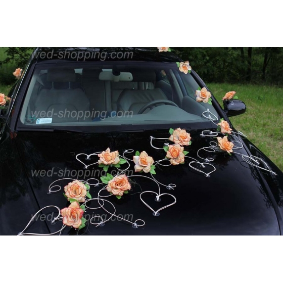 Dekoration till bil till bröllop SALMON rosor och hjärta