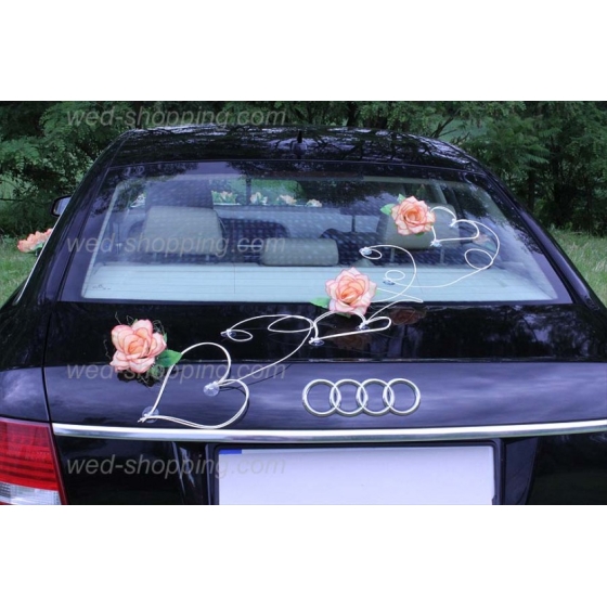 Dekoration till bil till bröllop SALMON rosor och hjärta