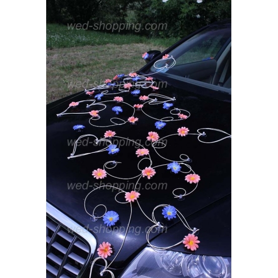 Bil till bröllop persika och blått daisy rotting hjärta