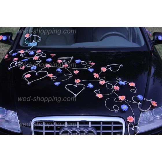 Bil till bröllop persika och blått daisy rotting hjärta