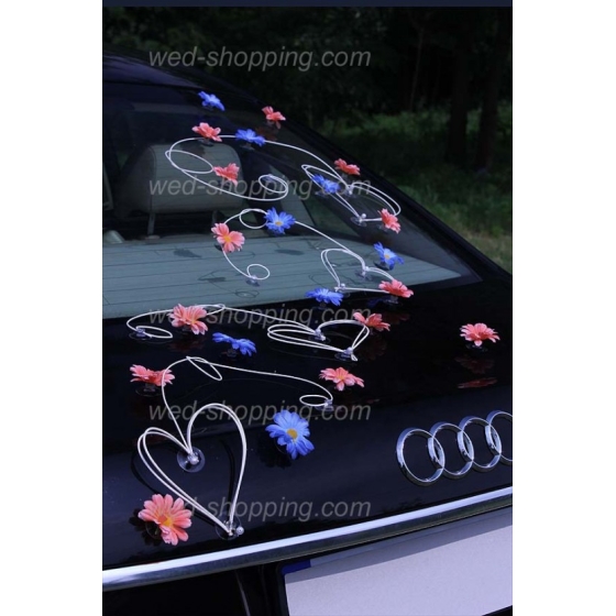 Bil till bröllop persika och blått daisy rotting hjärta