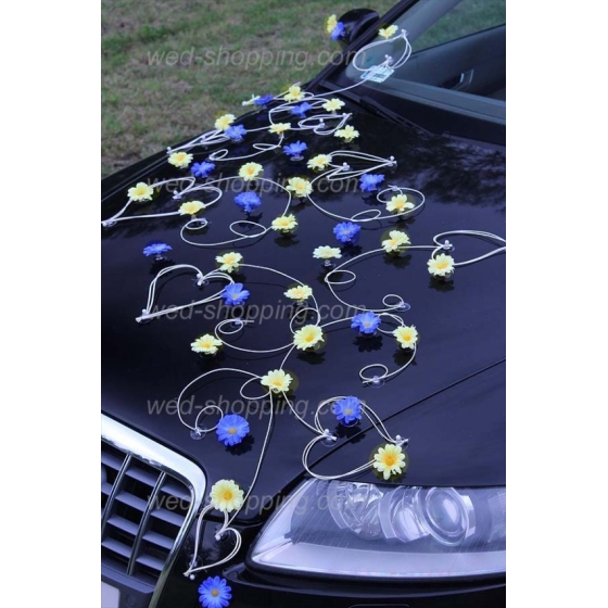 Bil till bröllop gul-blå daisy