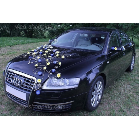 Bil till bröllop gul-blå daisy