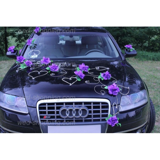 Dekoration till bil till bröllop rosor violett