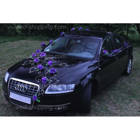 Dekoration till bil till bröllop rosor violett