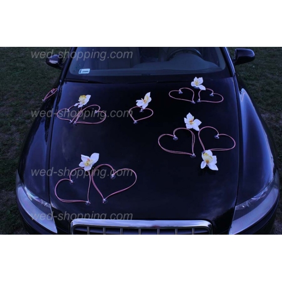 Rosa hjärtan vita orkidéer till bröllopsbil