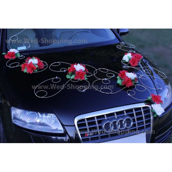 Pynt till bröllopsbil Vit och röda rosor