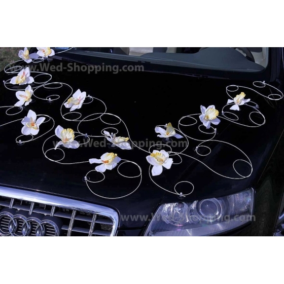 Bilpynt till bröllopsbil vita orkidéer