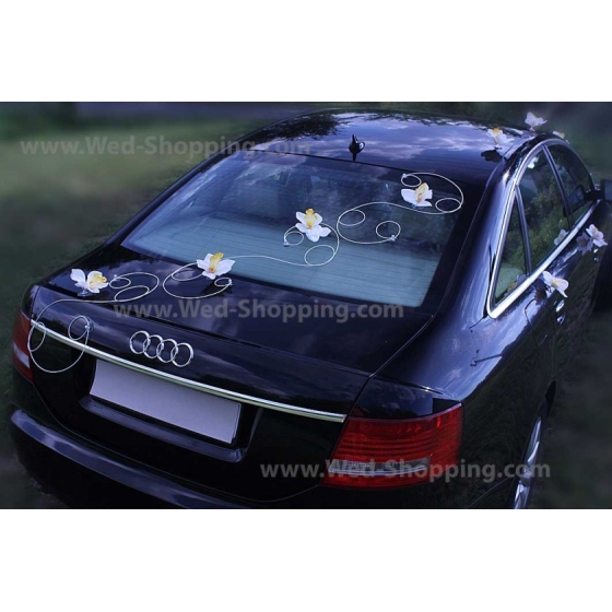 Bilpynt till bröllopsbil vita orkidéer