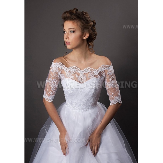 Off-Shoulder spets bolero jacka halv långa ärmar brud  broderier spetsar elfenben tillbaka fastsättning - bundet