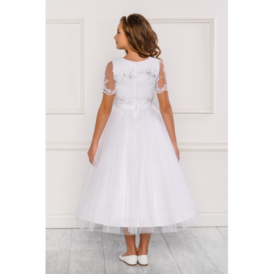 Klänning för första kommunion i tüll, satin och spets med korta ärmar